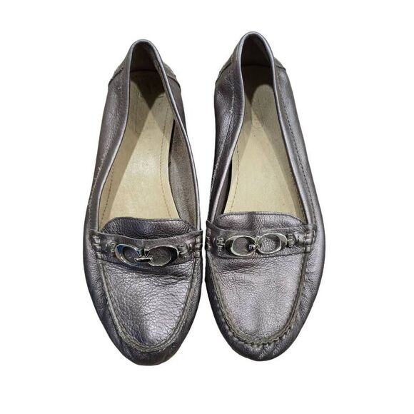 Coach Fortunata Loafers Women's 8.5M Metallic Silver Leather Pebble Grain Flats - Picture 1 of 7